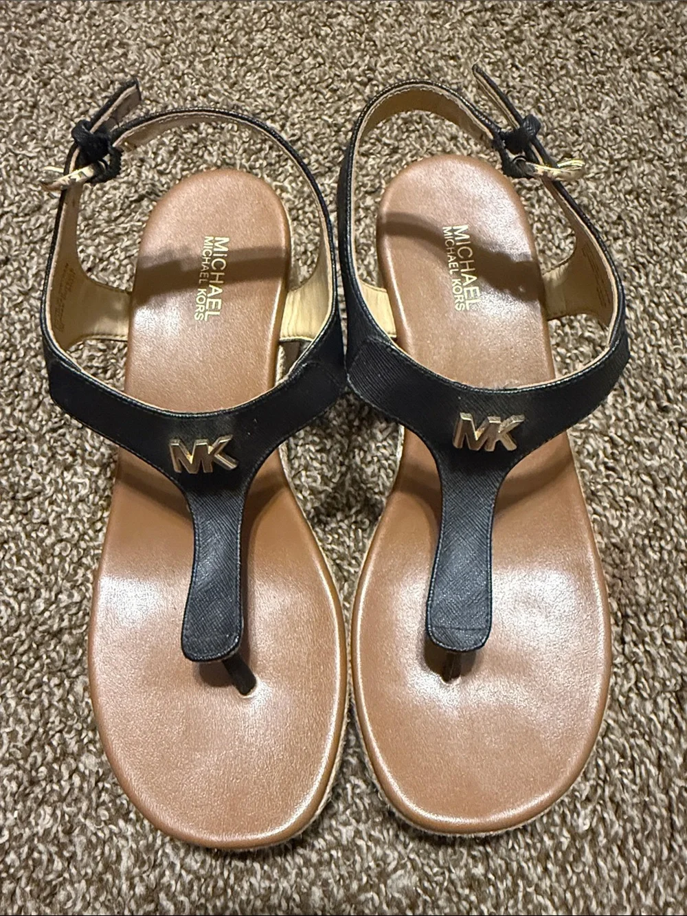 Michael Michael Kors Thong Wedge Espadrille Sandals MK Logo Black Espadrilles 7M